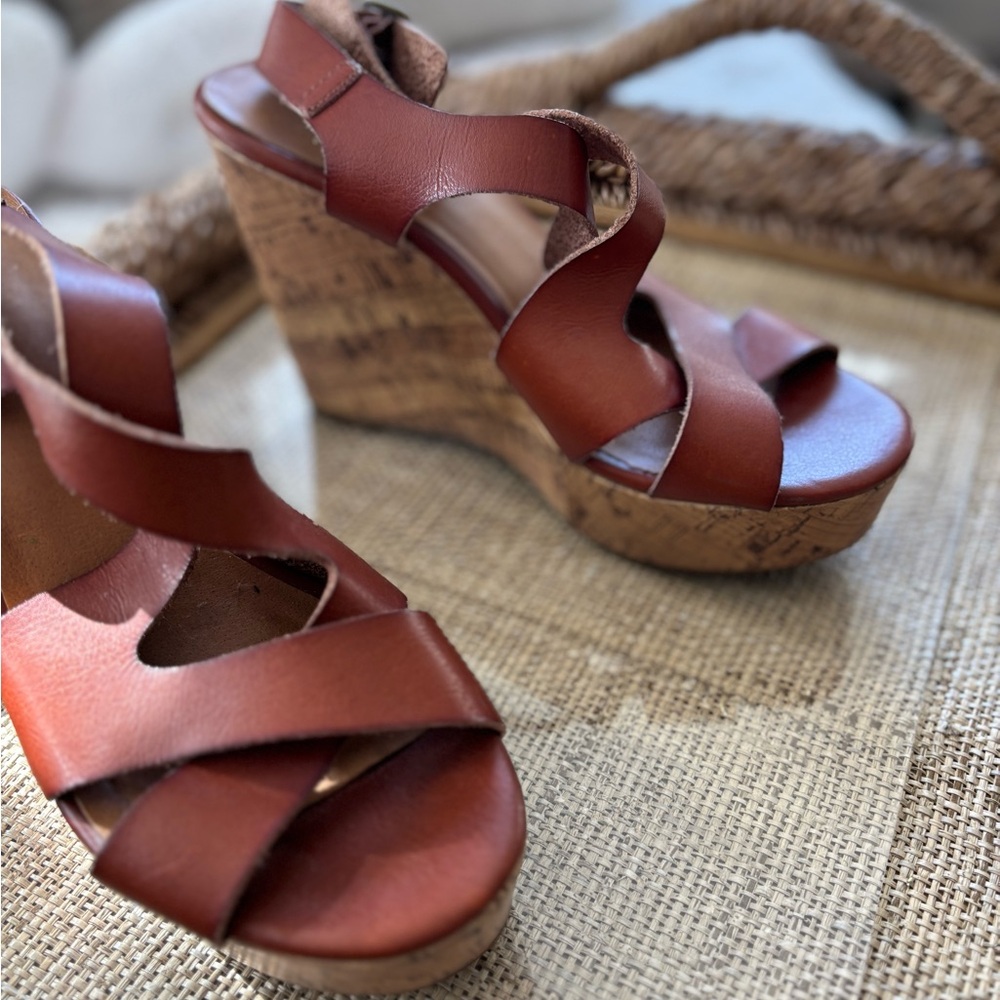 Chestnut Brown Leather Boho Platform Wedges Size 7.5